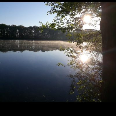 Der Heitkampsee in Geldern am morgen mit Nebel auf dem Wasser